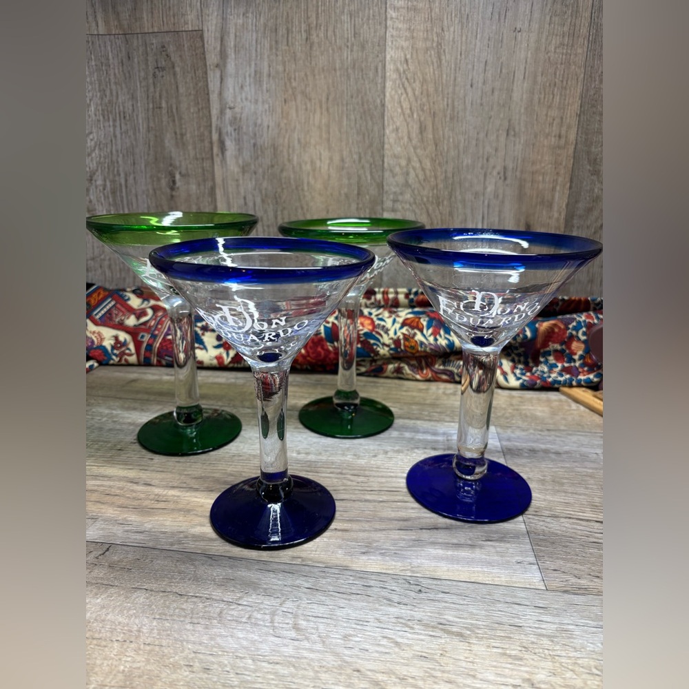 4 Don Eduardo 2Blue2Green Rim Tequila Margarita Glasses 6.5”Tall VTG